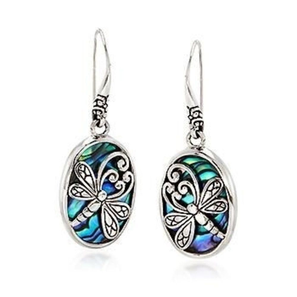 NWT Dragonfly Earrings Abalone-Like Oval French Hook Blue Silver-Tone